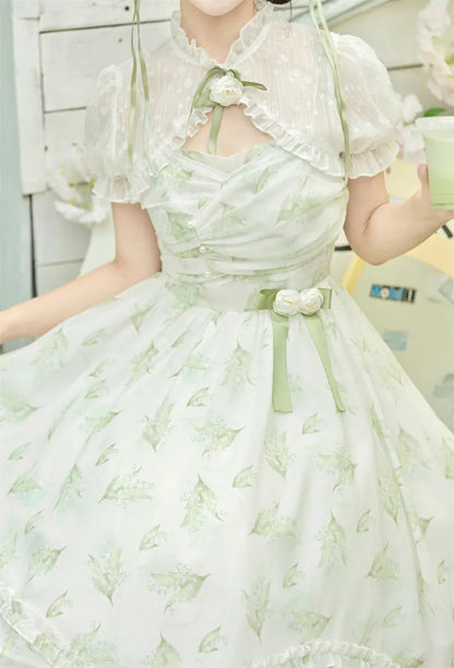 Light Green Lily of the Valley Print Handkerchief Hem Dress + Bolero