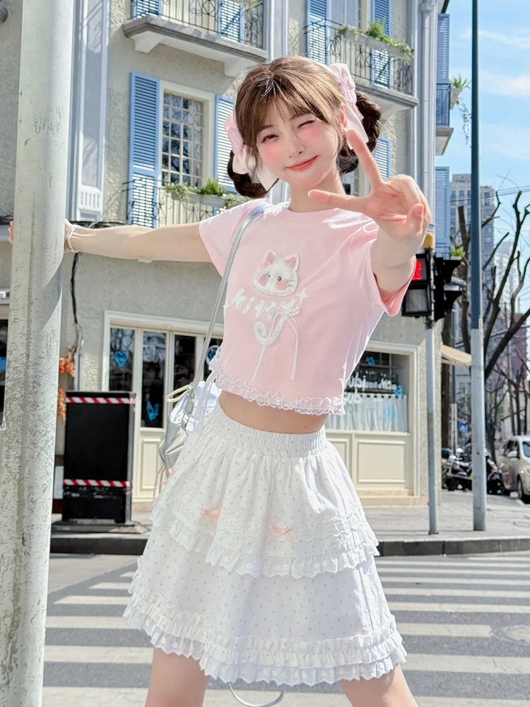 バージョンTシャツ 猫アップリケ ロング/ショート ピンク プラッシュ