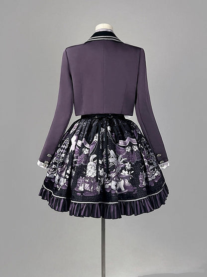 + Gothic Set Waist Skirt Bunny High Cropped Magician Coat Print Lolita Lapel Sleeveless Purple - Top