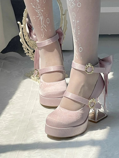 Pink Koi Fish Charm High Block Heel Satin Platform Mary Janes with Detachable Bowknot - Floating Dream Realm