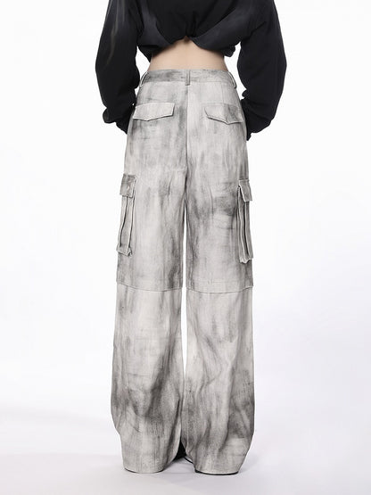 Cargo-Jeans mit weitem Bein und Utility-Taschen Weiß Grau Tie-Dye