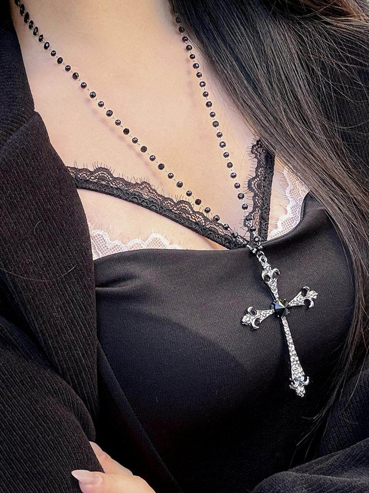 Beaded Monochrome Gothic Crucifix Pendant Necklace - WhaleHall
