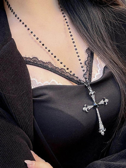 Beaded Monochrome Gothic Crucifix Pendant Necklace - WhaleHall