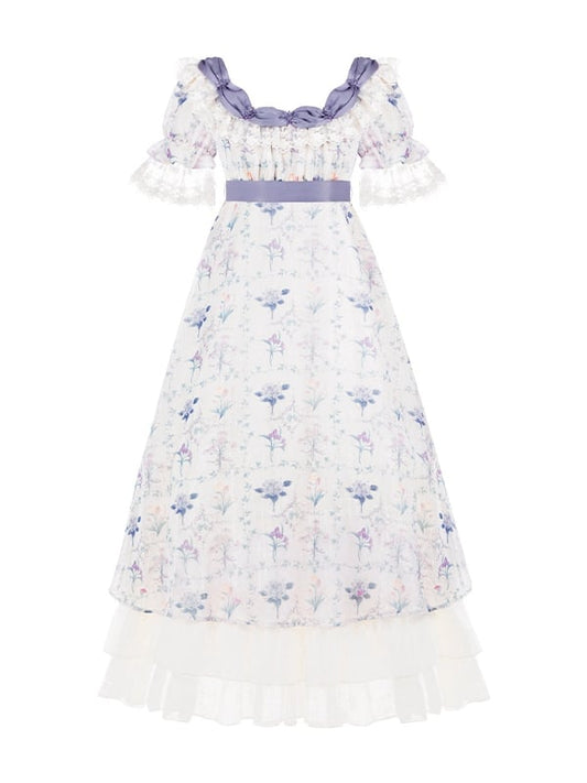 Iriskleid mit One-Waist-Print, Lolita-Stück, quadratisch, eleganter Empire-Ausschnitt mit Blumenmuster