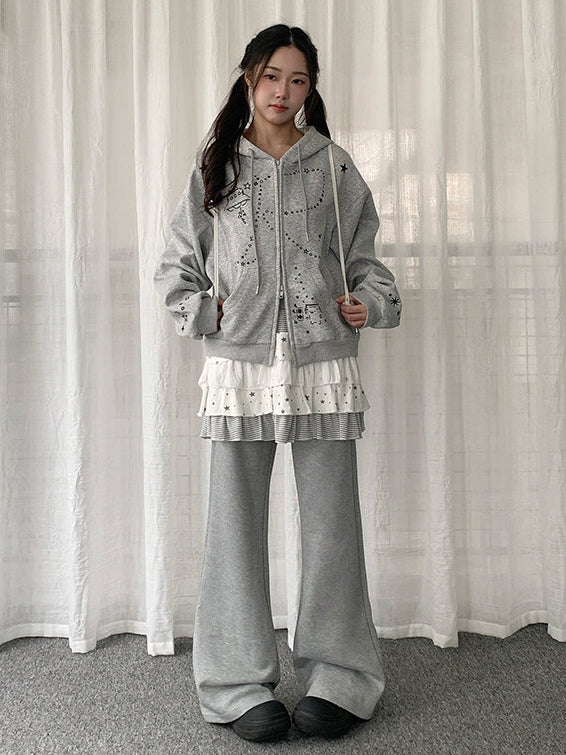 Waist Flared Rhinestone Gray Drawstring Pants with Heart Design