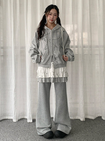 Waist Flared Rhinestone Gray Drawstring Pants with Heart Design