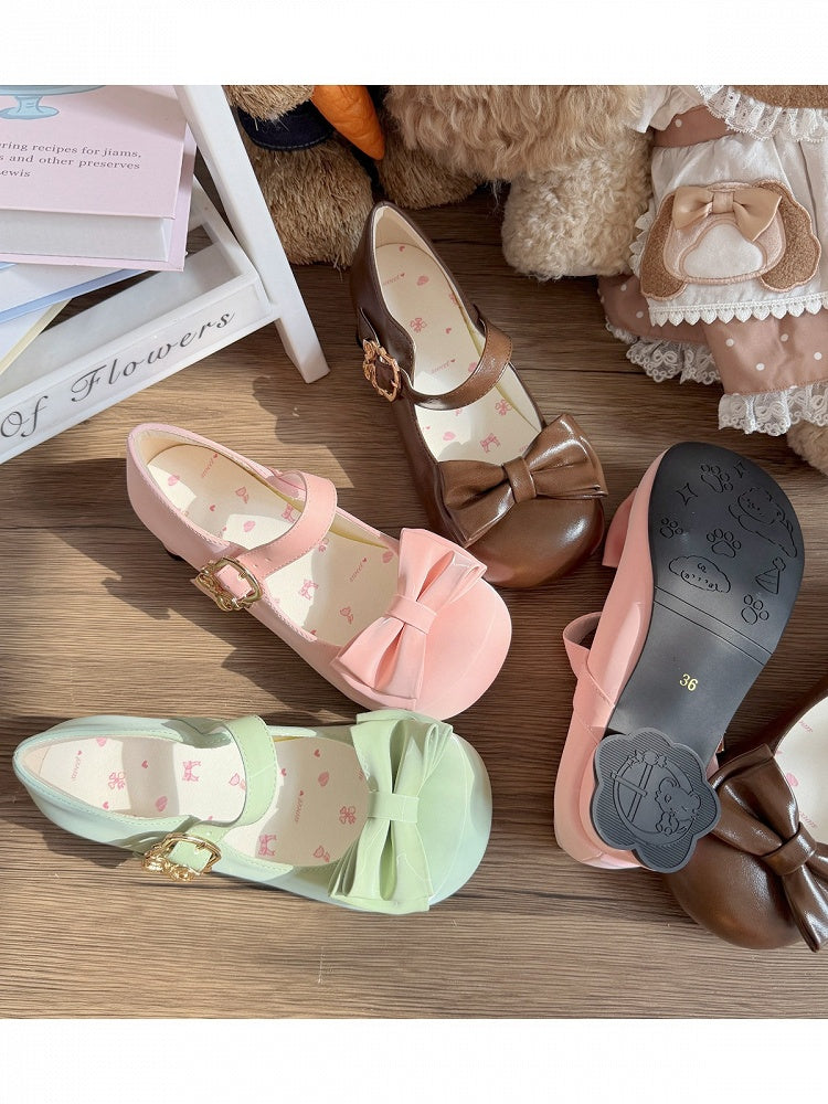 3 Colors Lolita Low Heels Round Toe Shoes with Bow and Metal Buckle Details - Moon Baby Diary