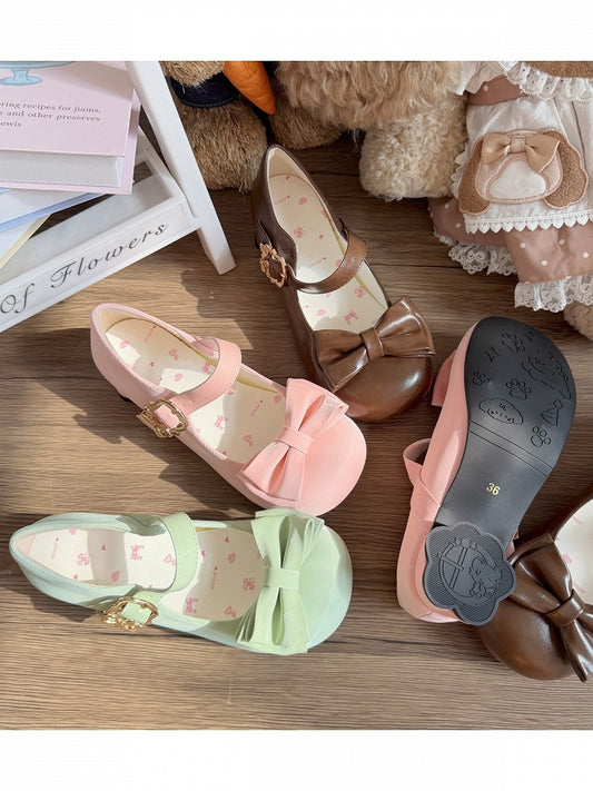 3 Colors Lolita Low Heels Round Toe Shoes with Bow and Metal Buckle Details - Moon Baby Diary