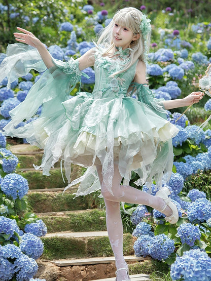 Green Chinoiserie Lolita Boning Corset JSK Dress with Bird & Floral Embroidery Patch - Misty Isle Letter