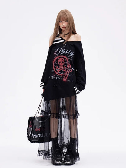 Print Skelett Punk Top Faux Zweiteiler Glamourös Schwarz Asymmetrischer Ausschnitt und Saum