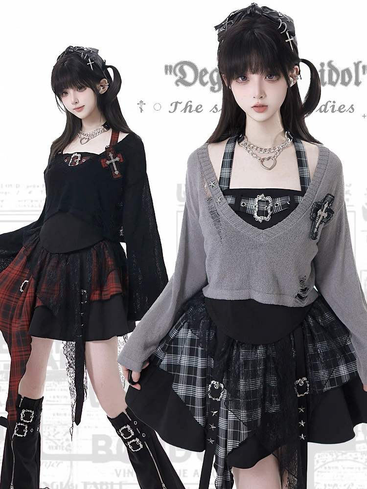 Y2K with Sweater Plaid Decor Gray/Black V-Neck Cross Distressed Holes Knit Grunge