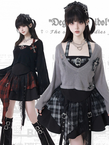 Y2K with Sweater Plaid Decor Gray/Black V-Neck Cross Distressed Holes Knit Grunge