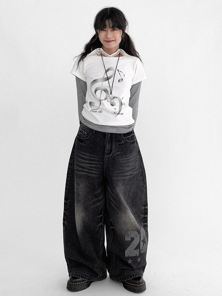 Wide-leg Faded Y2K Print Number Black - Wash with Jeans
