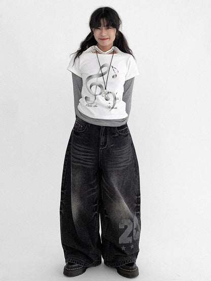 Wide-leg Faded Y2K Print Number Black - Wash with Jeans