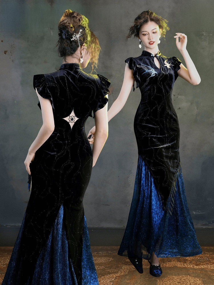 Chinese Black Blue Shimmer Velvet Long Qipao Swallow Embroidery - sijinstudio