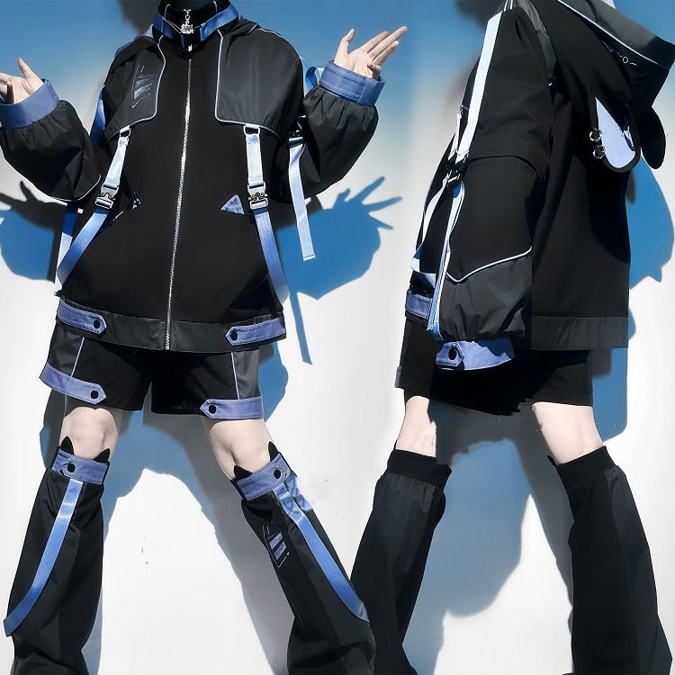 Kitty Ears Black and in Hood and Detachable Sleeves Blue Waterproof Jacket with Cyberpunk Techwear
