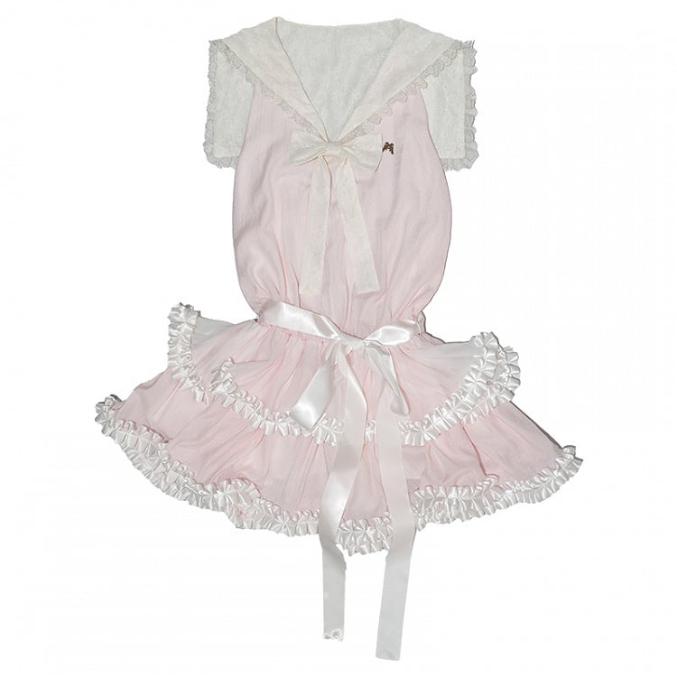Dress with Bow and Ruffle Trim Waist Pink Tiered Sailor Collar Dropped