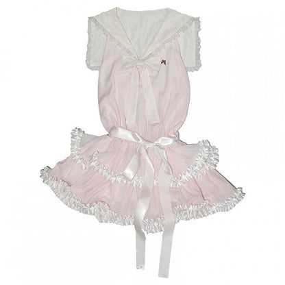 Dress with Bow and Ruffle Trim Waist Pink Tiered Sailor Collar Dropped