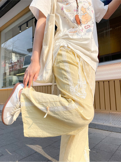 Hose mit weitem Bein und Schleifenstickerei, Gelb, normale/kurze Version, hohe Taille
