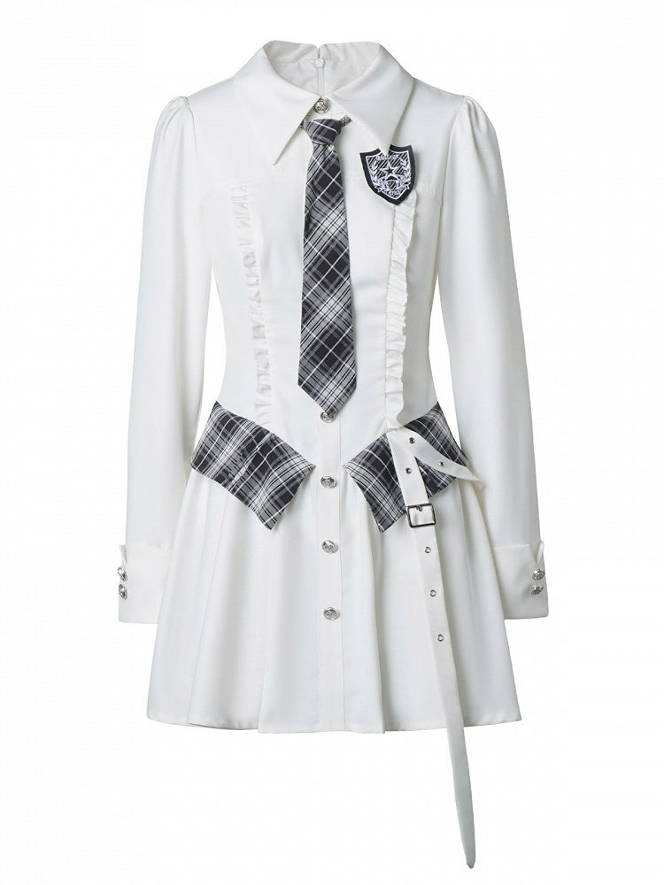 Ruffle Accent White Long Sleeve Preppy Dress with Plaid Tie & Shirt Collar - PINK SAVIOR