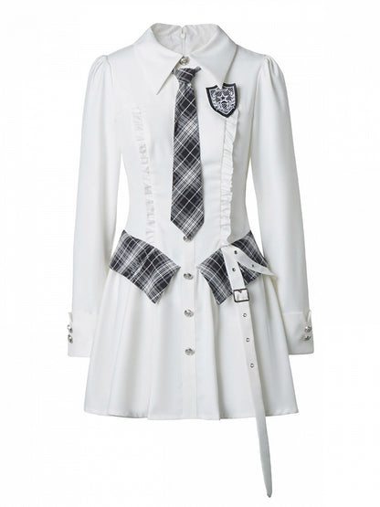 Ruffle Accent White Long Sleeve Preppy Dress with Plaid Tie & Shirt Collar - PINK SAVIOR