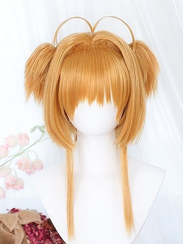 Kurze Perücke mit zwei gelben/braunen Krallenclips und Pferdeschwänzen, 40–45 cm