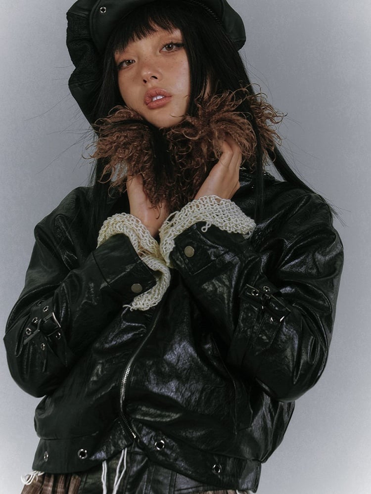 Glossy with Black Embroidery Faux Jacket Detachable Fur Padded Punk Eyelet Hem Metal Wing Collar