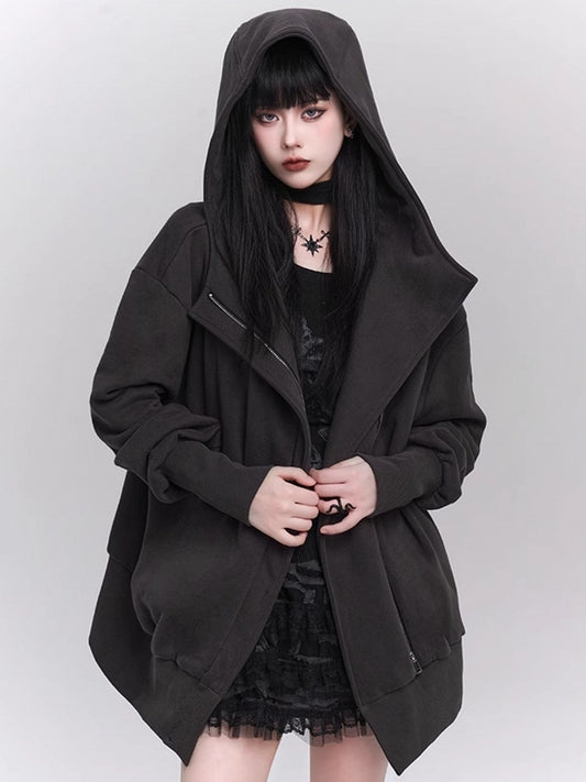 with Gothic Dark Ribbed Front Details Zip-Up Gray Fleece-Lined Jacket Hooded