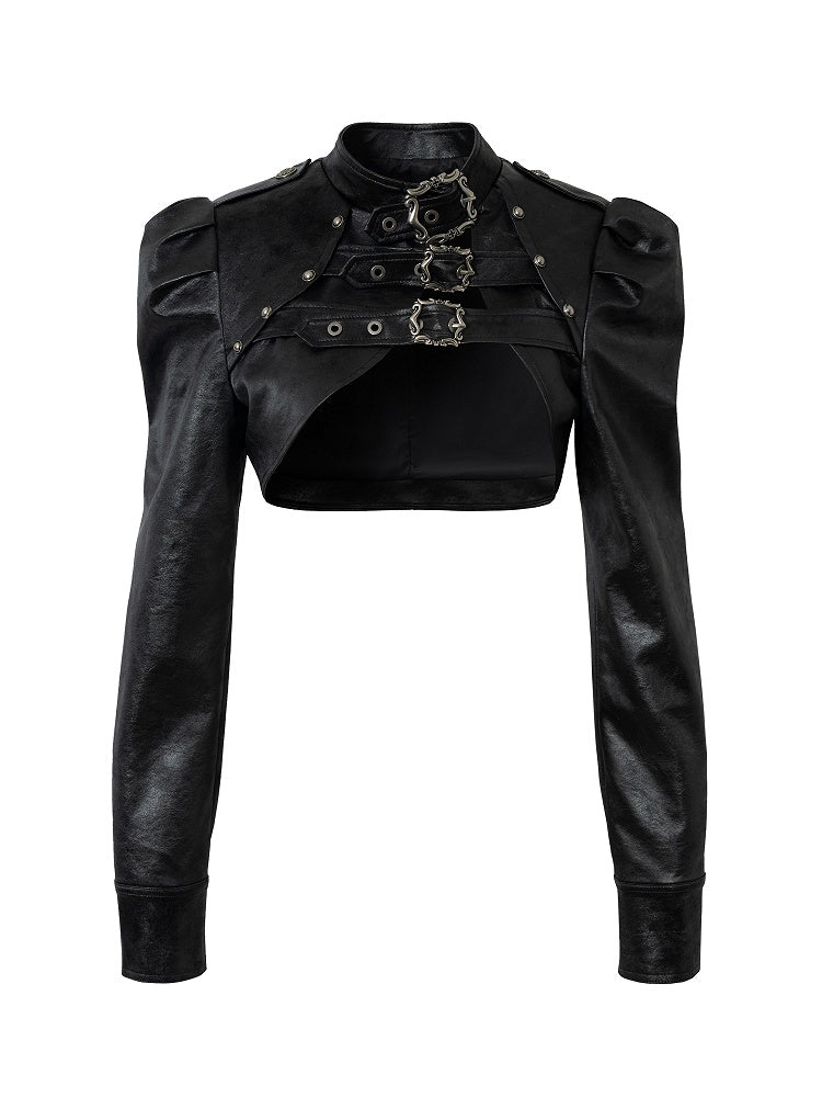 Jacket Punk with Vintage Studs PU Buckled Crop Straps Black