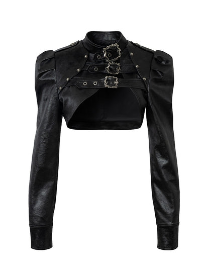Jacket Punk with Vintage Studs PU Buckled Crop Straps Black