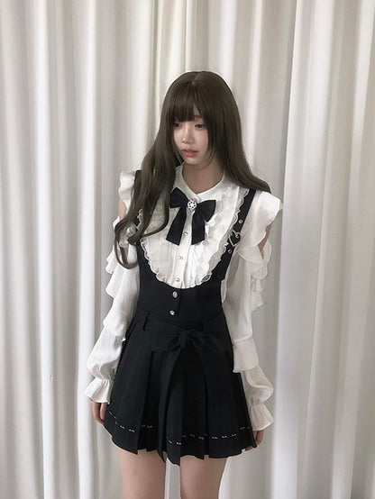 Kei Details Cutout White With Bow Ruffle Shoulder Overall Skirt Long Black Pleated Sleeve Blouse Jirai Lace Set +