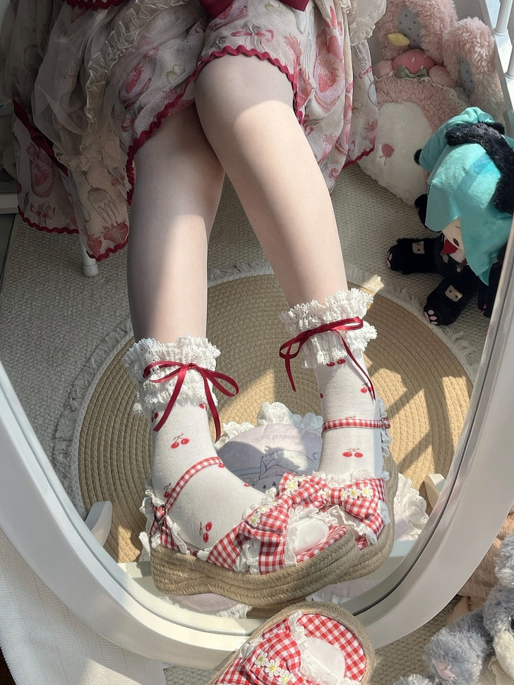 Cherry-Printed Ankle Socks in Red and White Lolita Style - Fantasy Doll