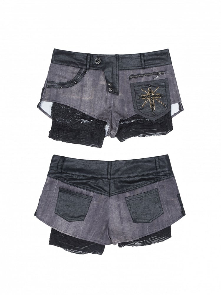 Blue Black Lace Shorts Faux Accents PU Dusty Studded Punk Underlayer Two-Piece with
