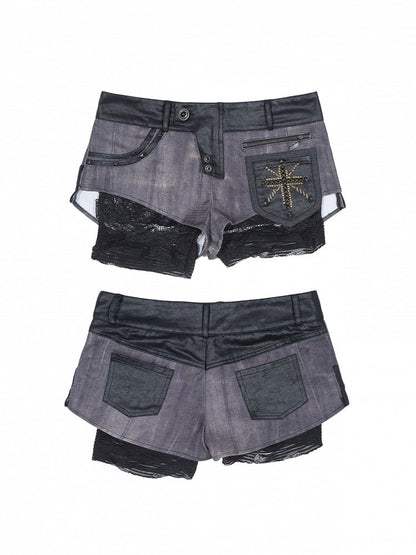 Blue Black Lace Shorts Faux Accents PU Dusty Studded Punk Underlayer Two-Piece with