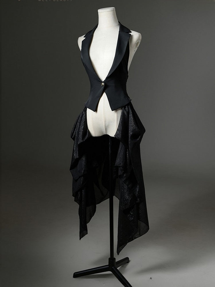 Black Ouji Lolita Blazer-Style Tailed Waistcoat - Ling Xi