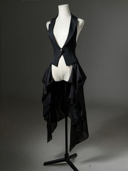 Black Ouji Lolita Blazer-Style Tailed Waistcoat - Ling Xi
