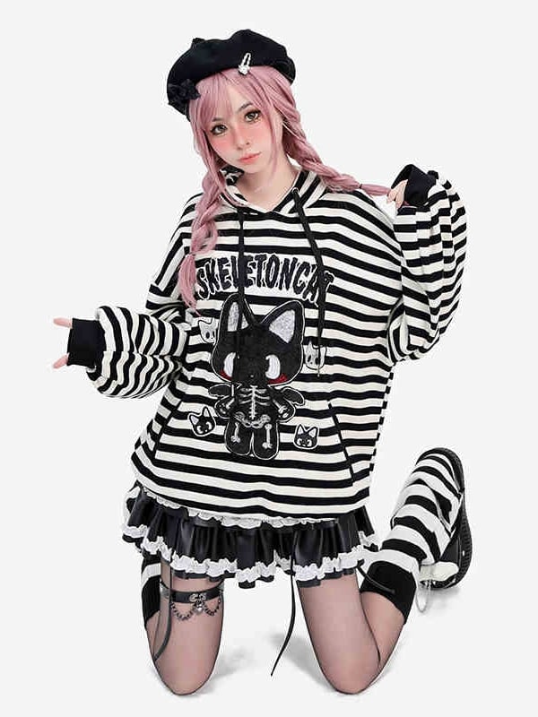 Y2K Skelett Kitty Schwarz-Weiß Gestreifter Hoodie