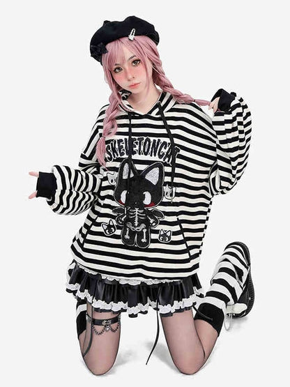 Y2K Skelett Kitty Schwarz-Weiß Gestreifter Hoodie
