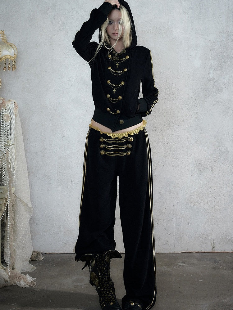 Black & Gold Double-Breasted Straight Leg Sweatpants with Lace Trim, Punk Style - NO ROMANCE