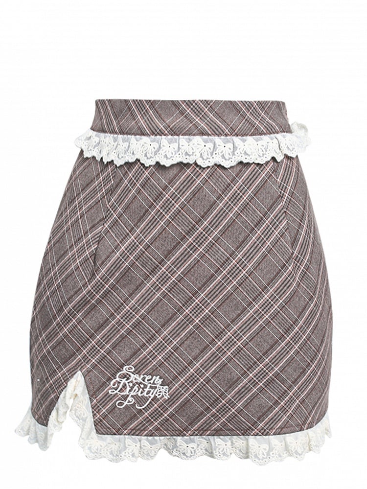 Bodycon Skirt Trim Lace Plaid Brown with Accents