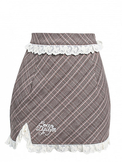 Bodycon Skirt Trim Lace Plaid Brown with Accents