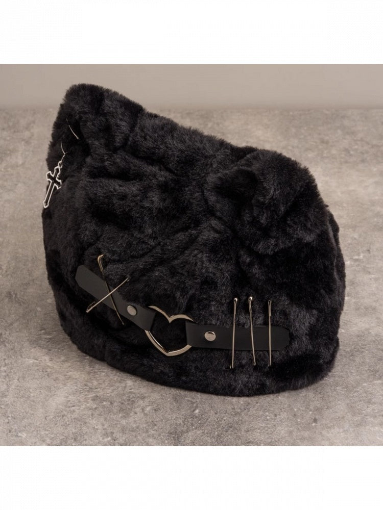 Black Punk Plush Cat Ear Hat with Metal Buckle - Strange Sugar