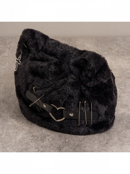 Black Punk Plush Cat Ear Hat with Metal Buckle - Strange Sugar