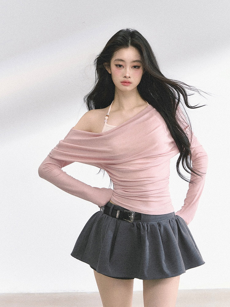 Pink/Khaki Asymmetrical Neckline Top Faux Two-pieces