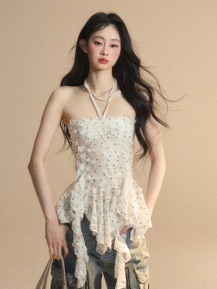 Volant Saum Weiß Glamourös Neckholder Polka Dot Top Muster Asymmetrische Trägerlosen