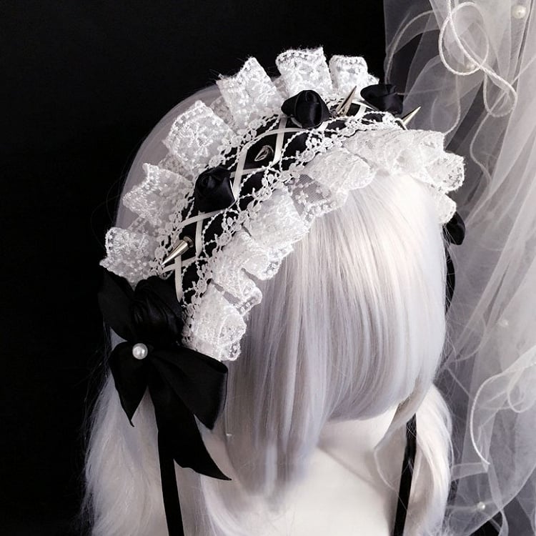 Lace Details with Bow Trim Hairband Studs Black/Lightblue Rose