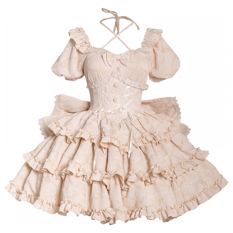 Rücken mit Korsett OP Große Rüsche am Kleid Champagner Rock Schleife Taille Lolita Prinzessin