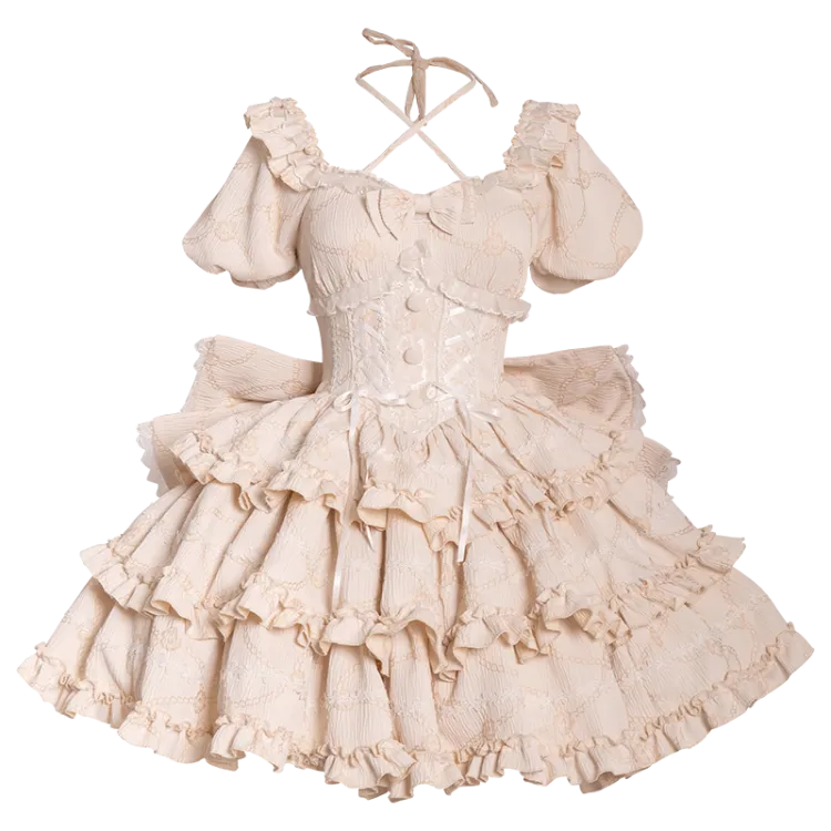 Zurück Champagner mit OP-Kleid Rüschen Große Schleife Prinzessin an Korsett Taille Lolita Rock