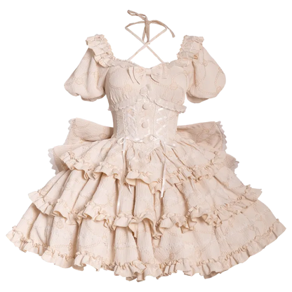 Zurück Champagner mit OP-Kleid Rüschen Große Schleife Prinzessin an Korsett Taille Lolita Rock