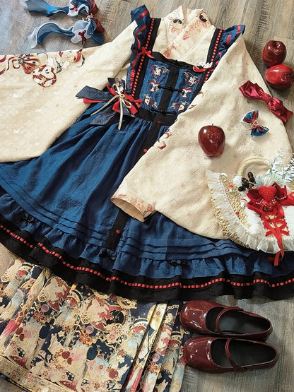 Lolita Hanfu Set Beige Blouse Blue Skirt Apron Rabbit Embroidery - Zao Jing Ji